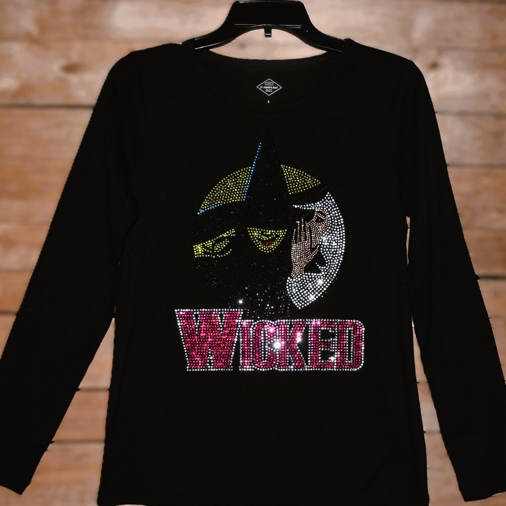 Wicked rhinestone black long sleeve round neck shirt XS S M L XL …